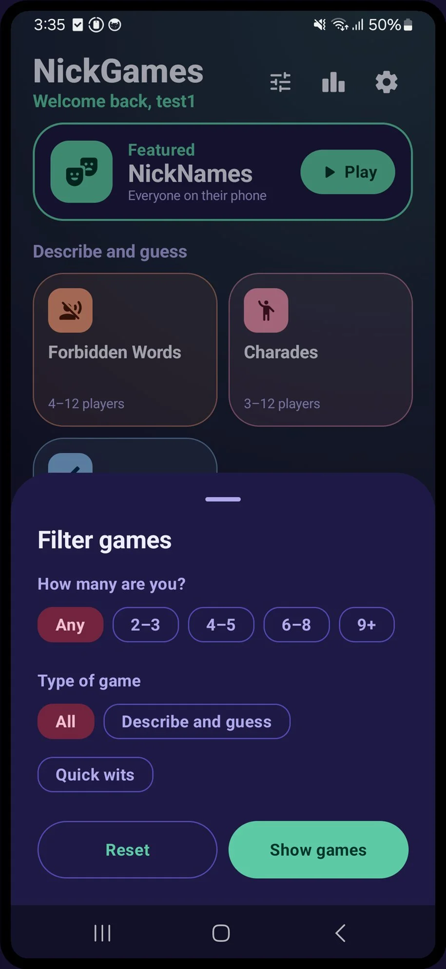 Filter sheet with player count and type of game