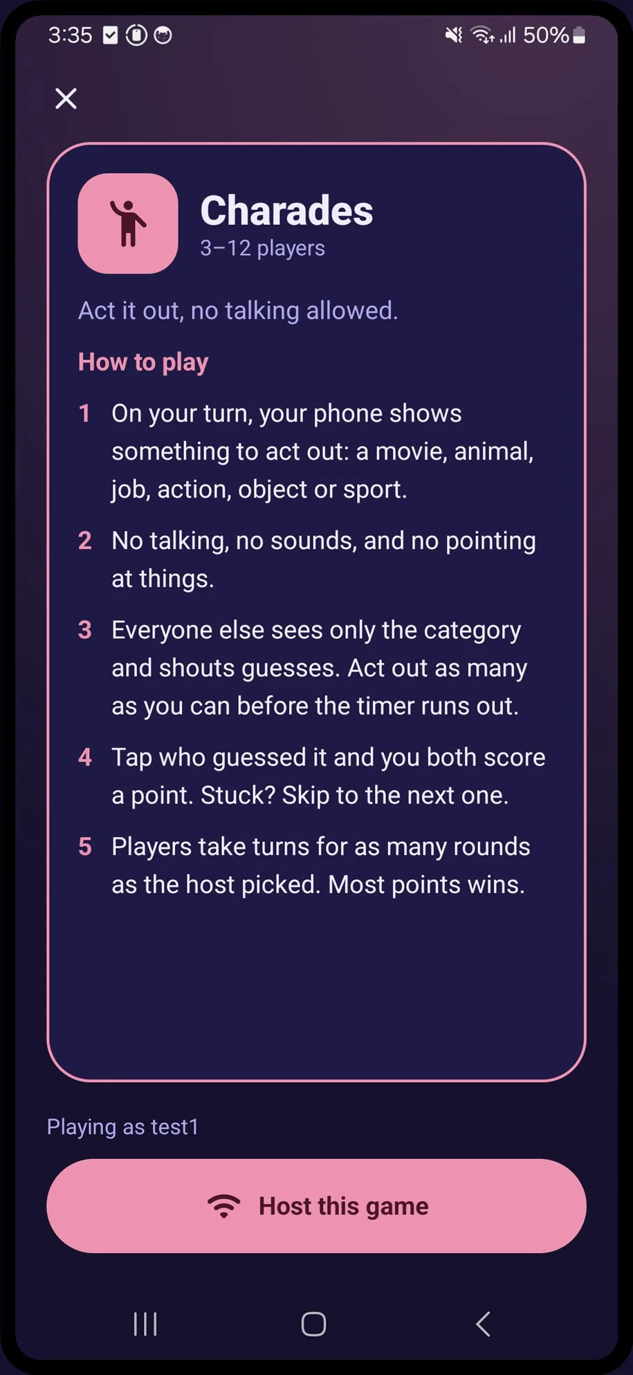 Charades page with the rules, step by step, and the host button
