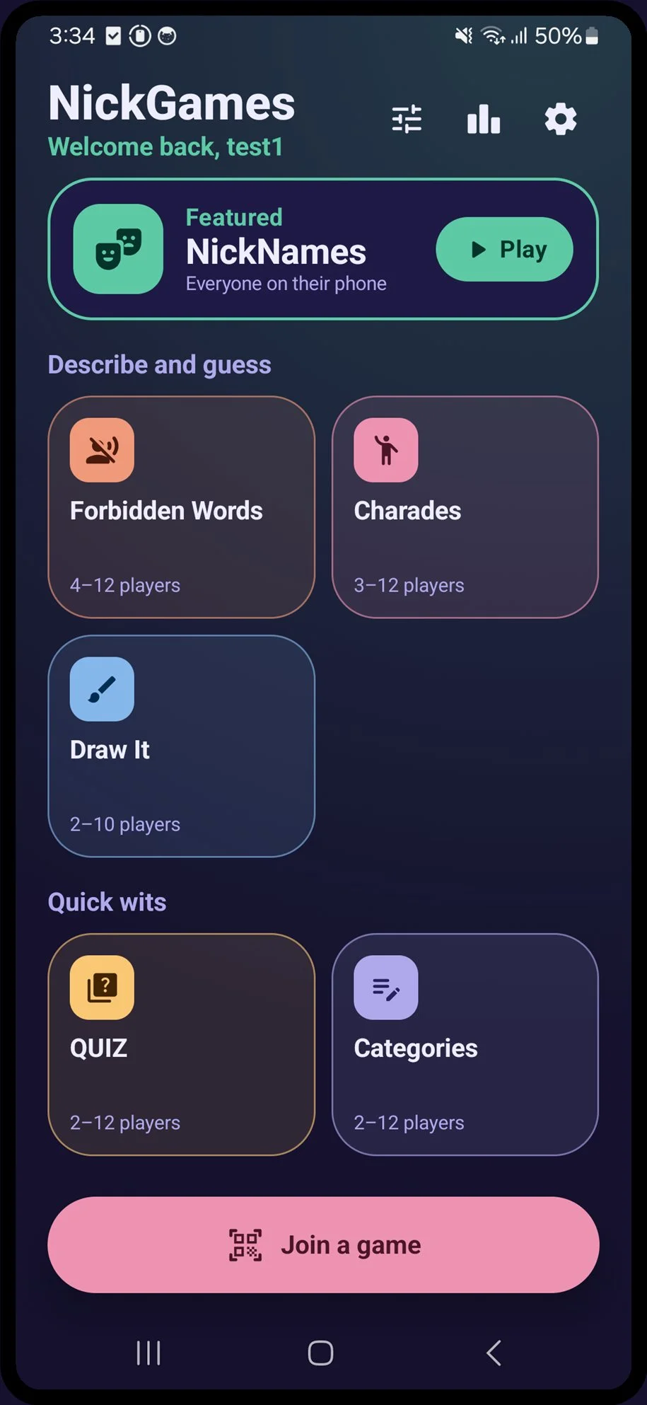 Main menu with NickNames featured and the other games grouped by type