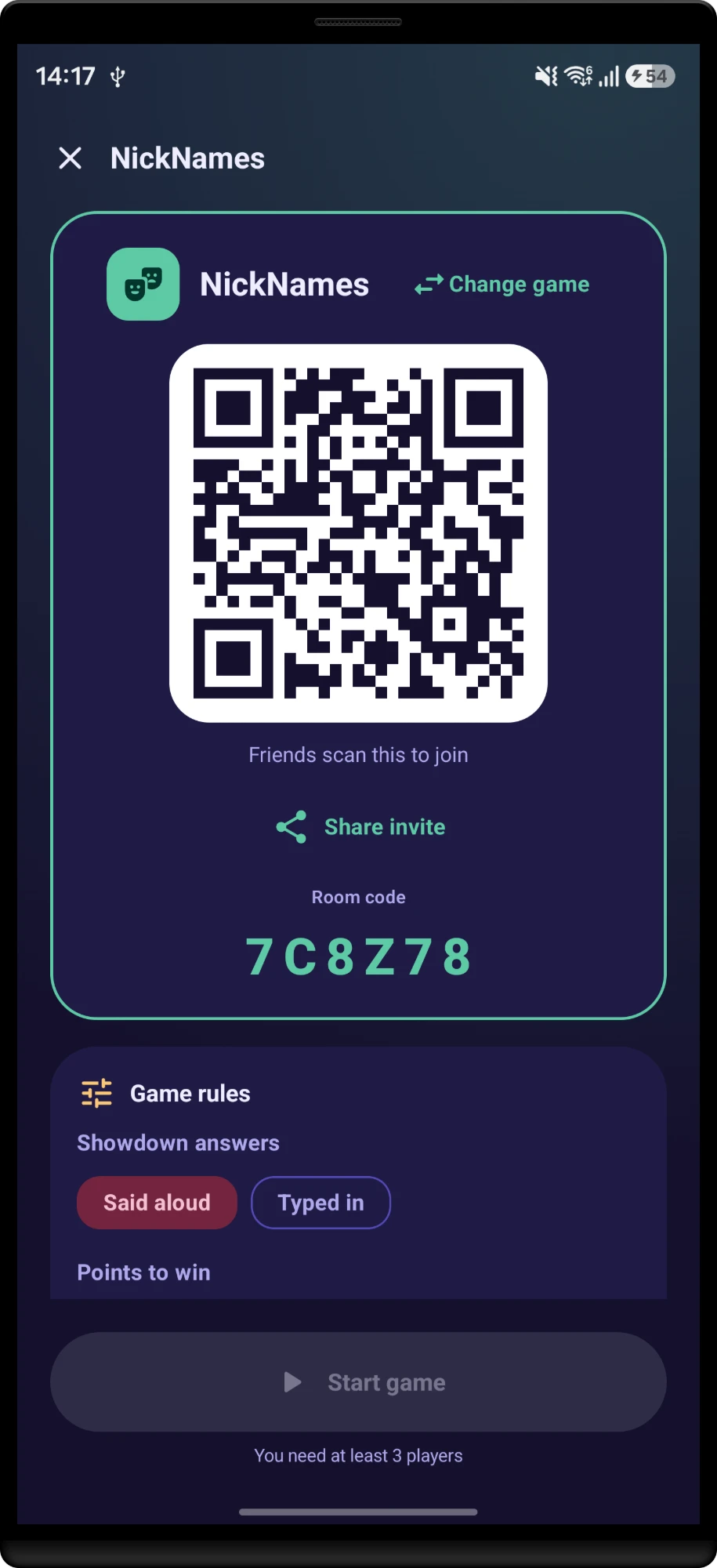 Lobby with QR code, share invite button and room code