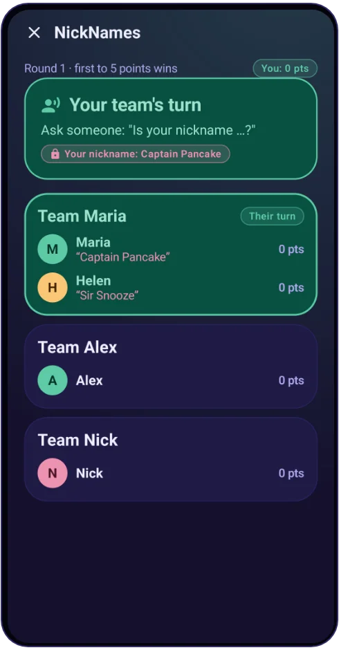 NickNames: your team's turn, with your secret nickname and your team